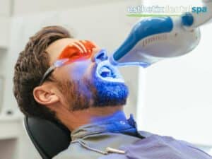 Man undergoing Zoom Teeth Whitening procedure with protective glasses