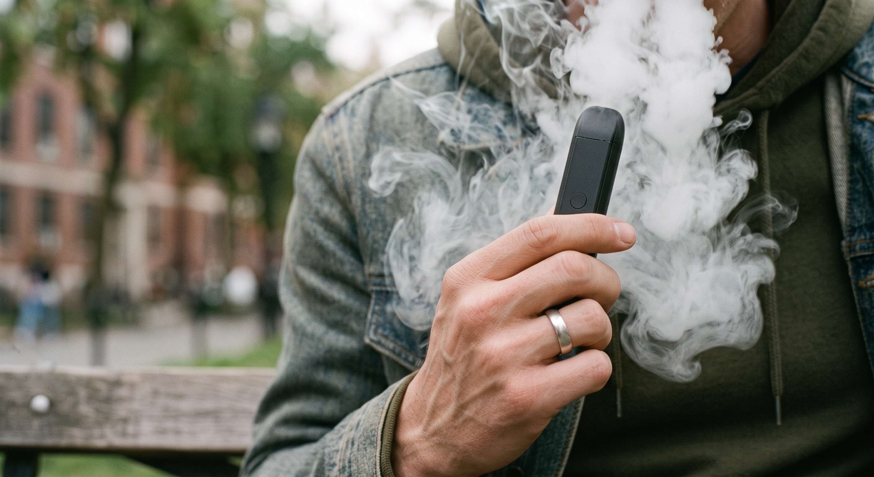 Person vaping, illustrating how vaping can affect teeth, gums, and oral health.